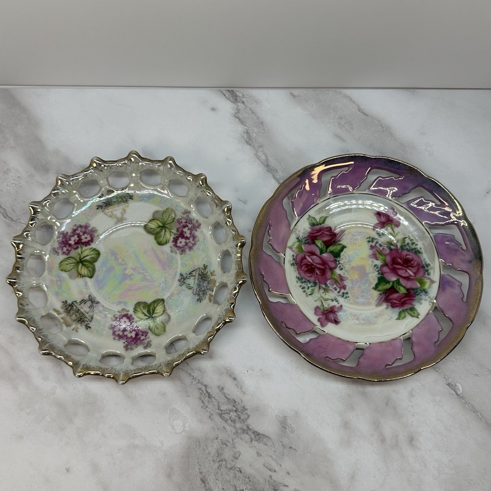 Vintage Set of 2 Decorative Iridescence Floral Plates Trinket Plate Lusterware